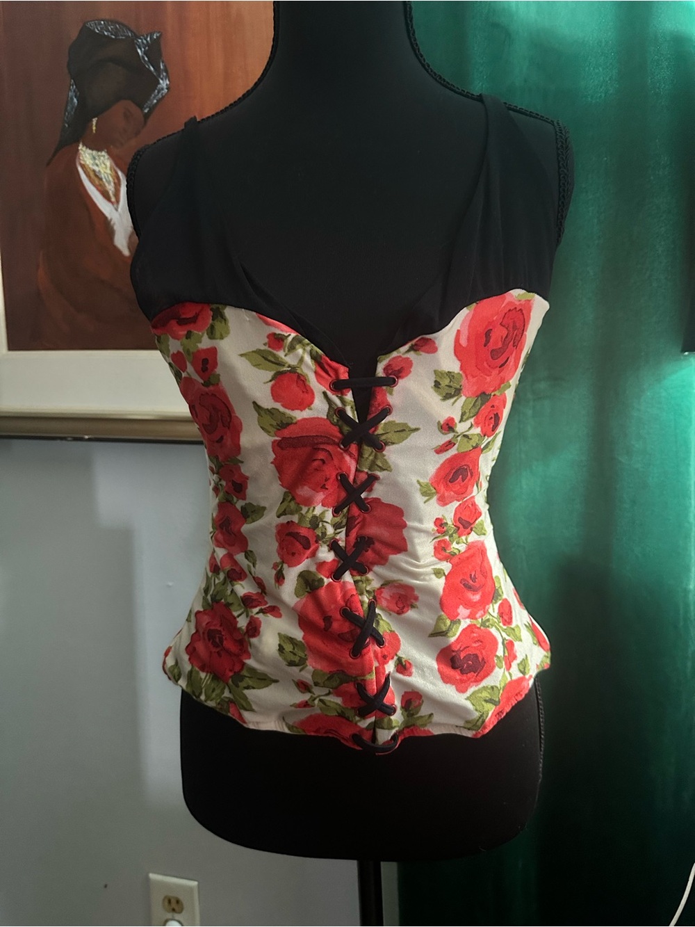🌹Piera Pischedda Italy Rose Print Sheer Mesh Lace-Up Corset Top NWT